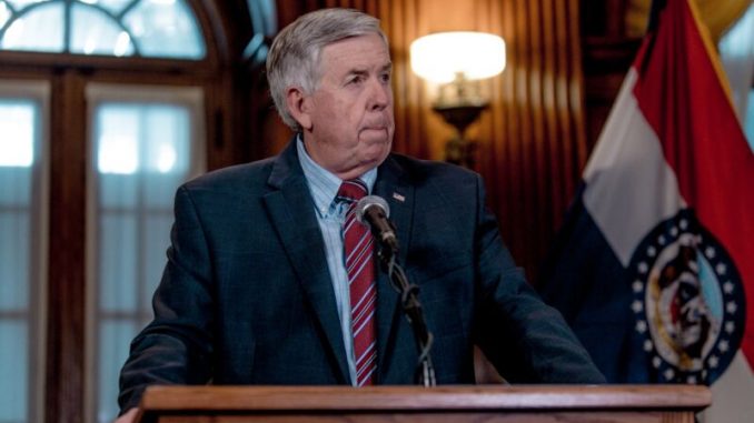 JEFFERSON CITY, MO - MAY 29: Gov. Mike Parson listens to a media question during a press conference to discuss the status of license renewal for the St. Louis Planned Parenthood facility on May 29, 2019 in Jefferson City, Missouri. Parson stated that the facility still had until Friday to comply with the state in order to renew the license. (Photo by Jacob Moscovitch/Getty Images)